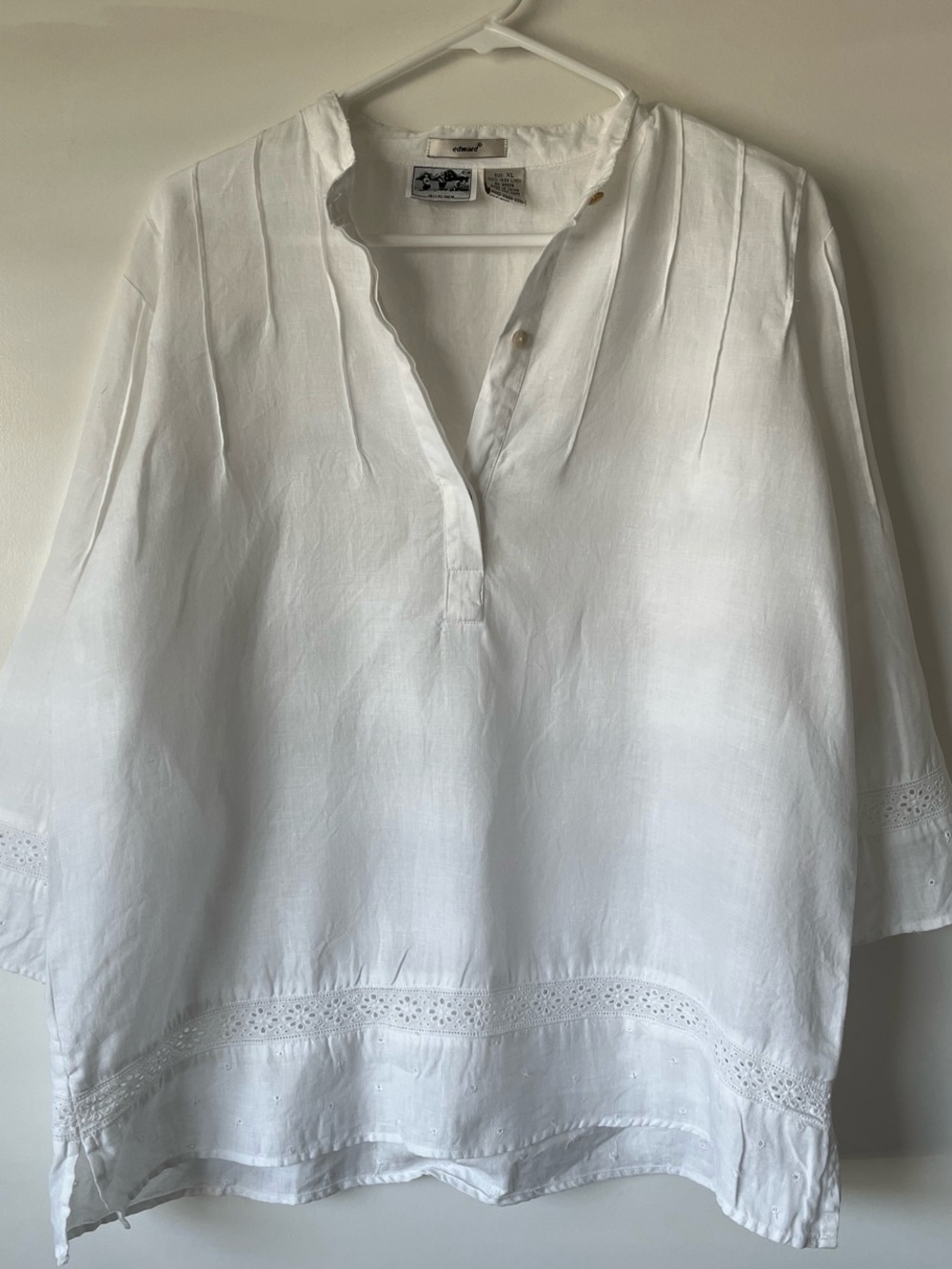 100% Linen White Women's Tunic Top with Eyelet Accent